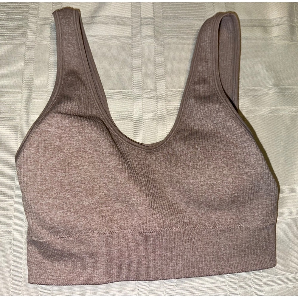 Aerie Sports Bra Women XS Mauve Ribbed Seamless V-Neck Low Impact Lounge
